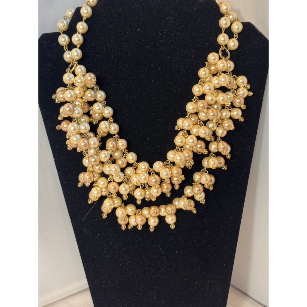 Stella & Dot Multi Strand Faux Pearl Bib Statement Necklace Gold Tone preppy